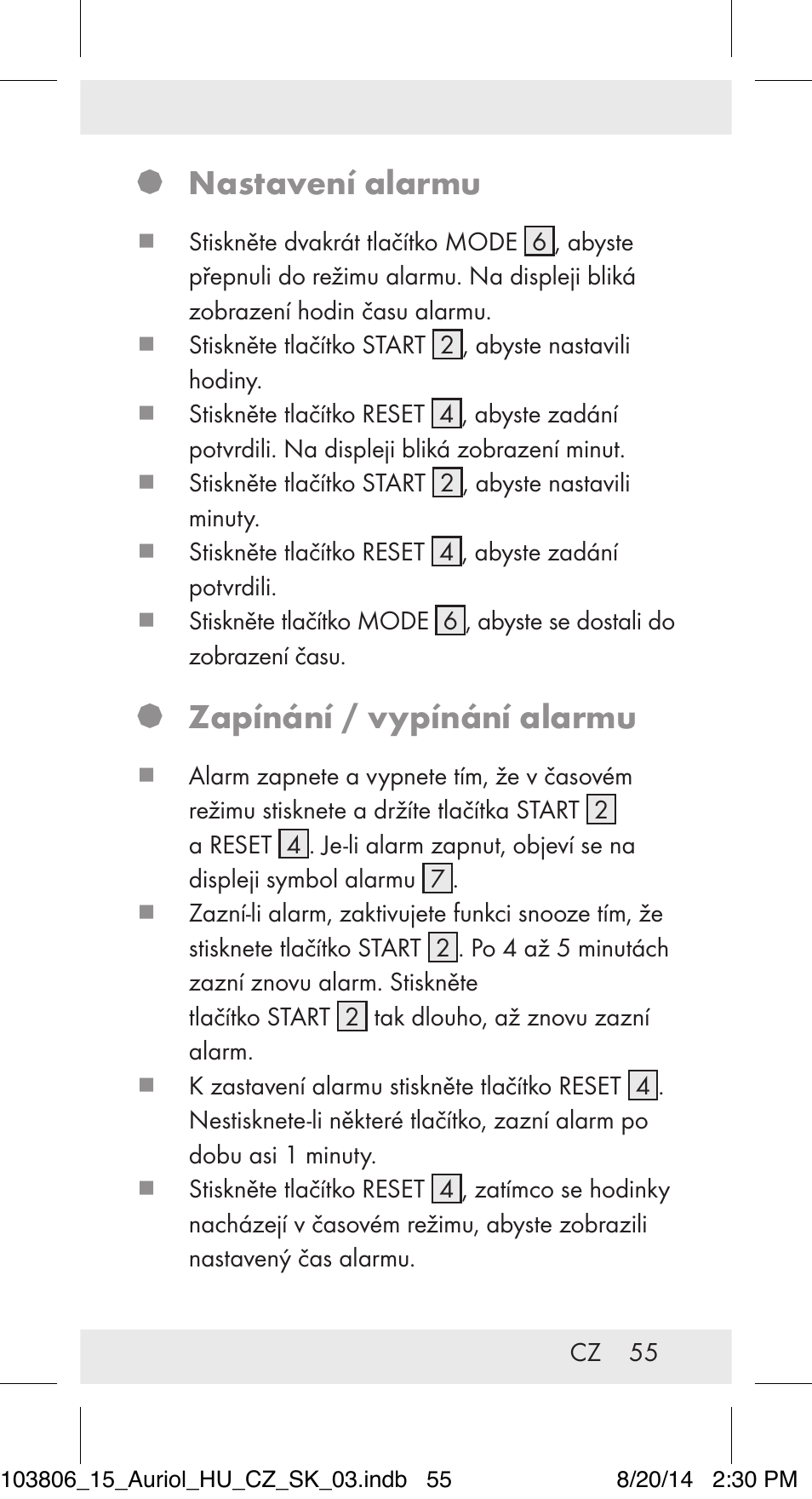 Nastavení alarmu, Zapínání / vypínání alarmu | Auriol 103806-14-xx User Manual | Page 56 / 81