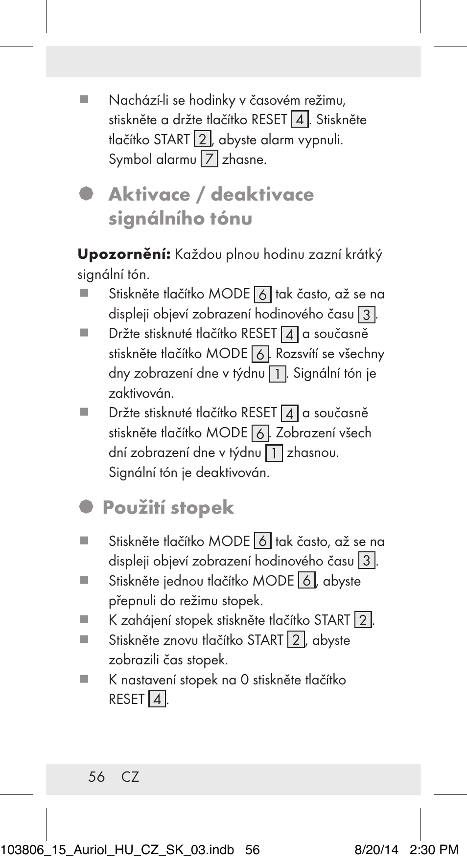 Aktivace / deaktivace signálního tónu, Použití stopek | Auriol 103806-14-xx User Manual | Page 57 / 81