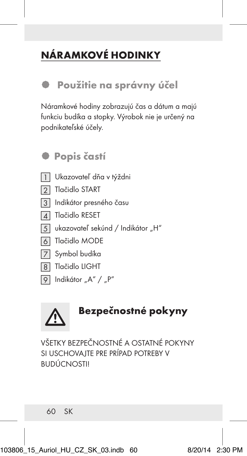 Náramkové hodinky � použitie na správny účel, Popis častí, Bezpečnostné pokyny | Auriol 103806-14-xx User Manual | Page 61 / 81