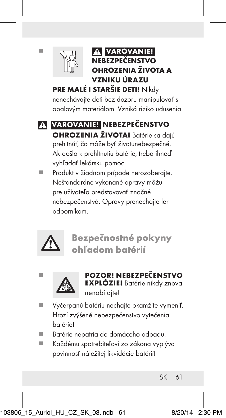 Bezpečnostné pokyny ohľadom batérií | Auriol 103806-14-xx User Manual | Page 62 / 81