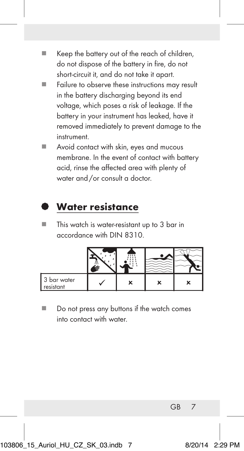 Water resistance | Auriol 103806-14-xx User Manual | Page 8 / 81