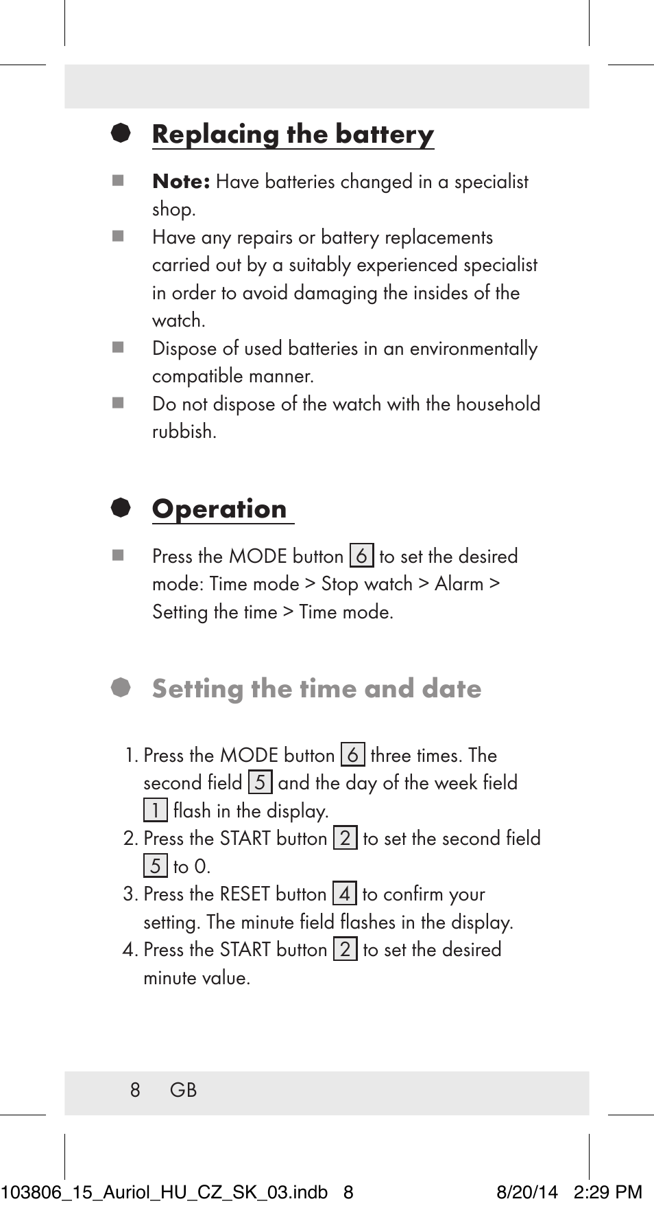 Replacing the battery, Operation, Setting the time and date | Auriol 103806-14-xx User Manual | Page 9 / 81