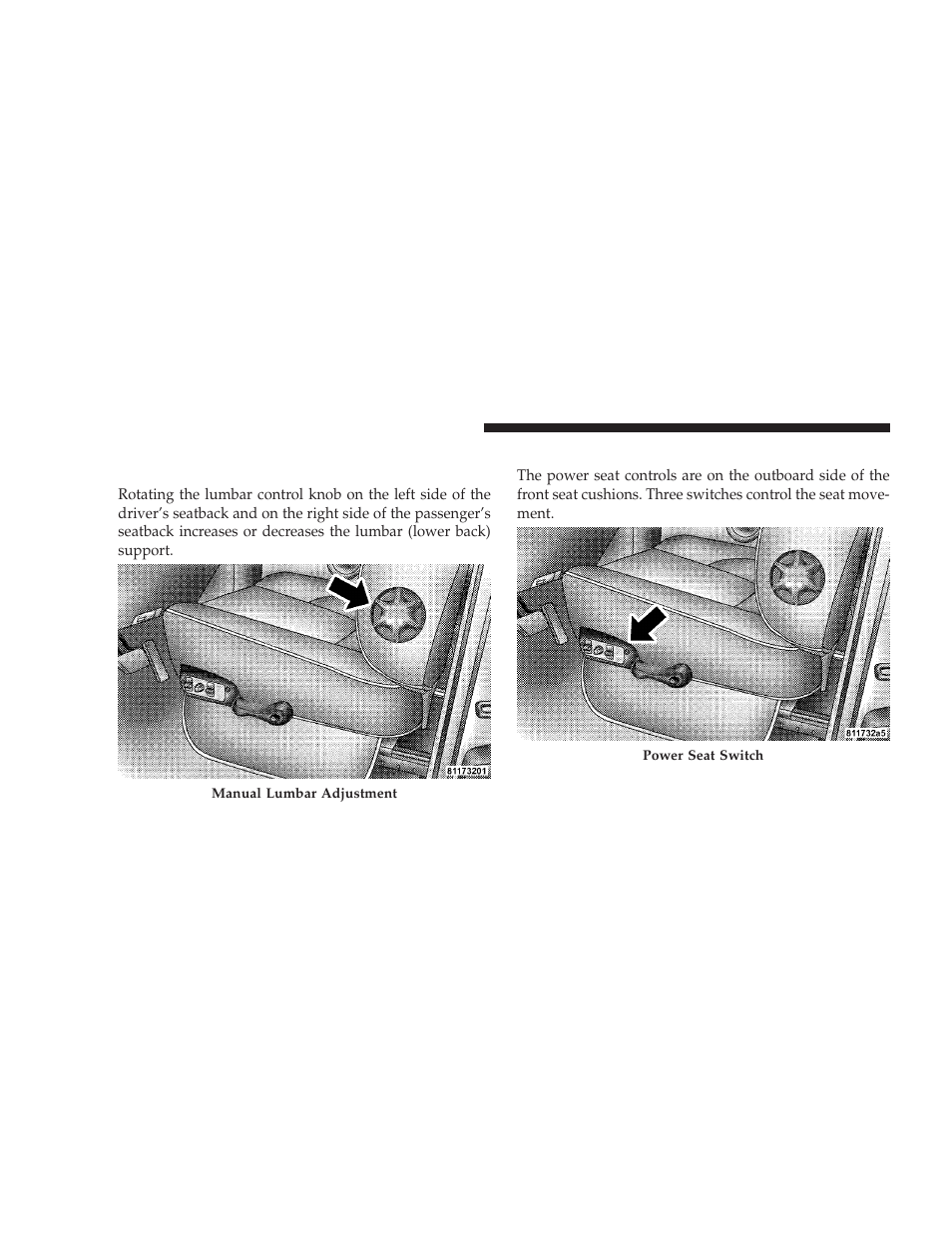 Power seats - if equipped, Manual rotary lumbar support, Adjustment — if equipped | Power seats — if equipped | Dodge 2009 Ram Chassis Cab User Manual | Page 120 / 429