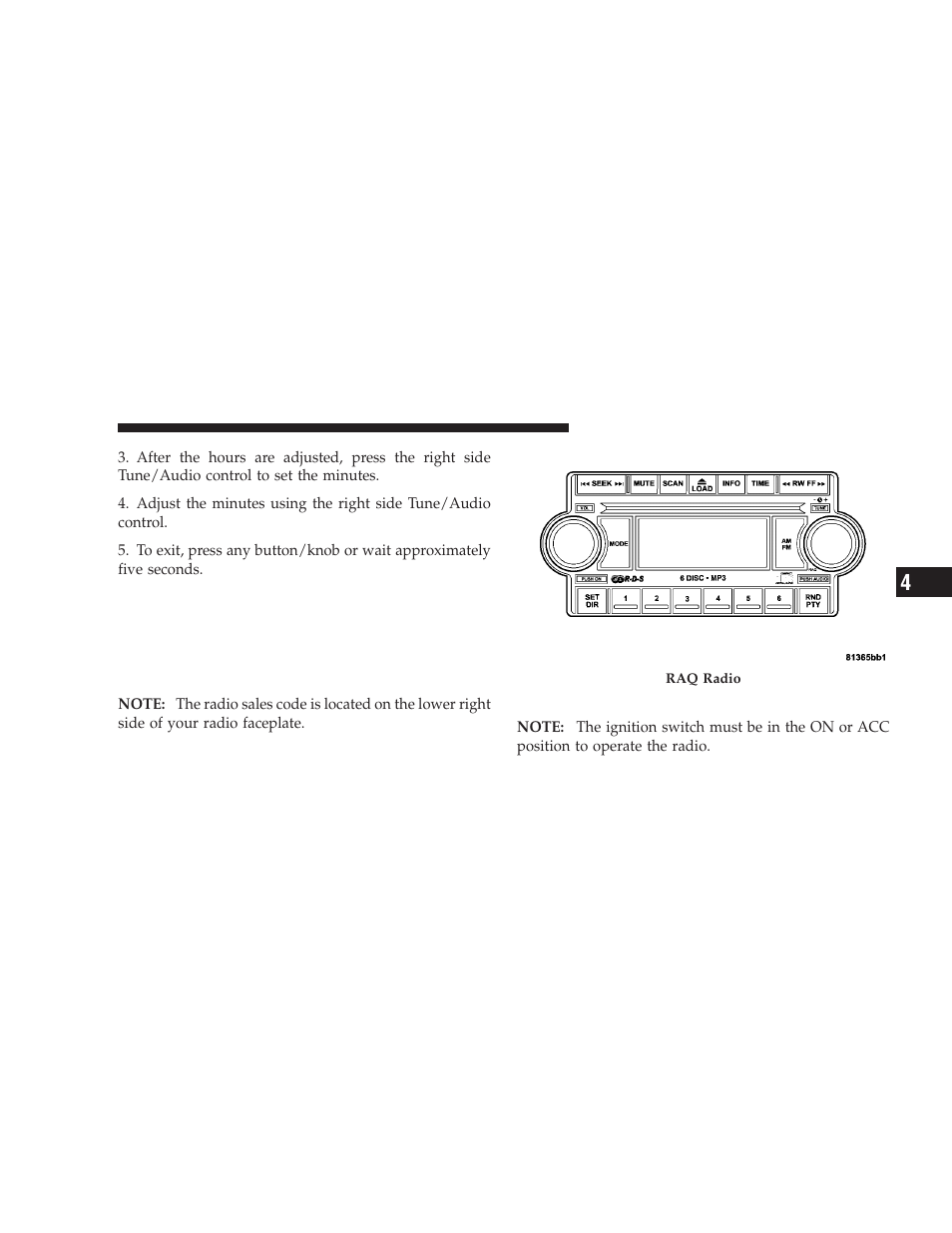 Operating instructions - radio mode, Sales code raq – am/fm/cd (6-disc) radio | Dodge 2009 Ram Chassis Cab User Manual | Page 175 / 429