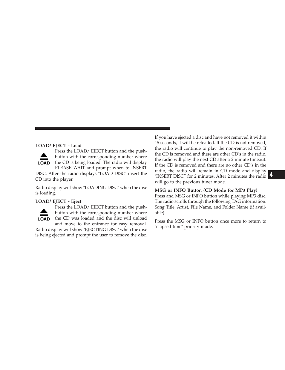 Load/eject button (cd mode for mp3 play), Load/eject button, Cd mode for mp3 play) | Dodge 2009 Ram Chassis Cab User Manual | Page 187 / 429