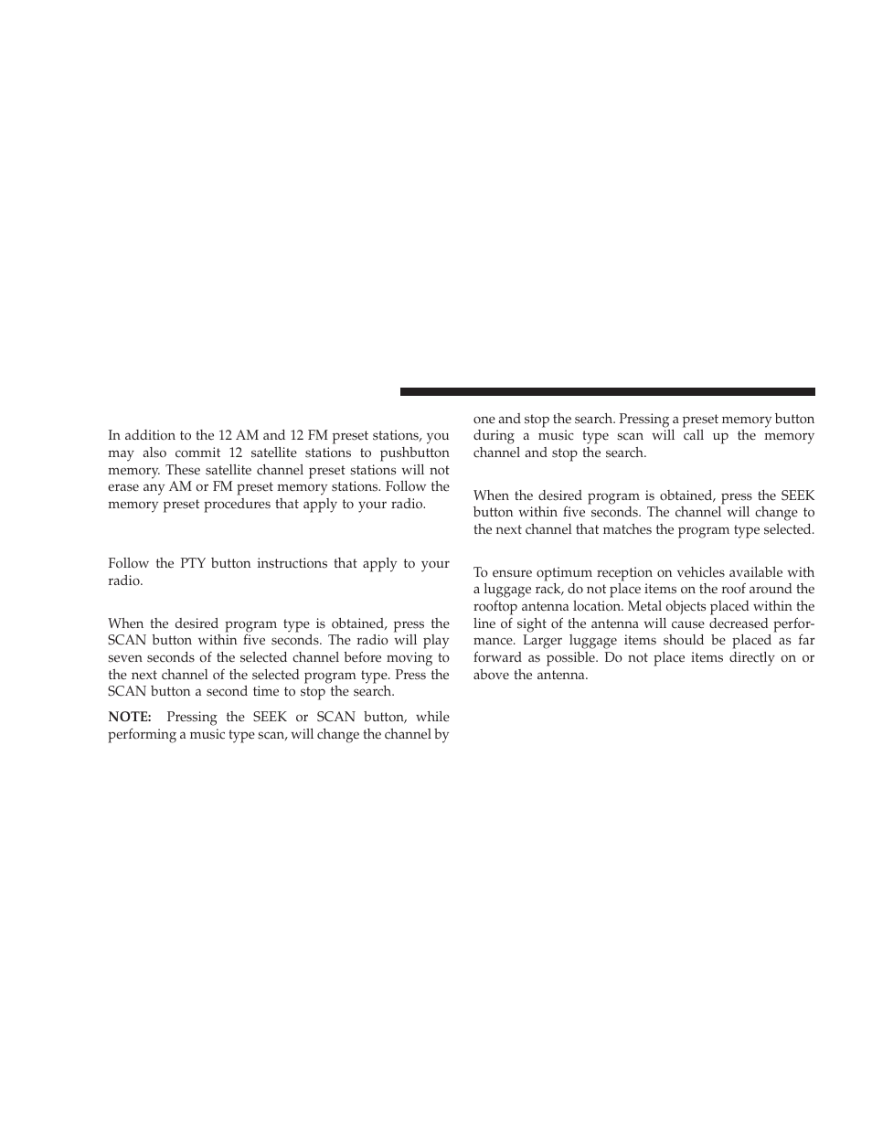 Storing and selecting preset channels, Using the pty (program type) button - if equipped, Pty button scan | Pty button seek, Satellite antenna, Using the pty (program type) button, If equipped | Dodge 2009 Ram Chassis Cab User Manual | Page 202 / 429