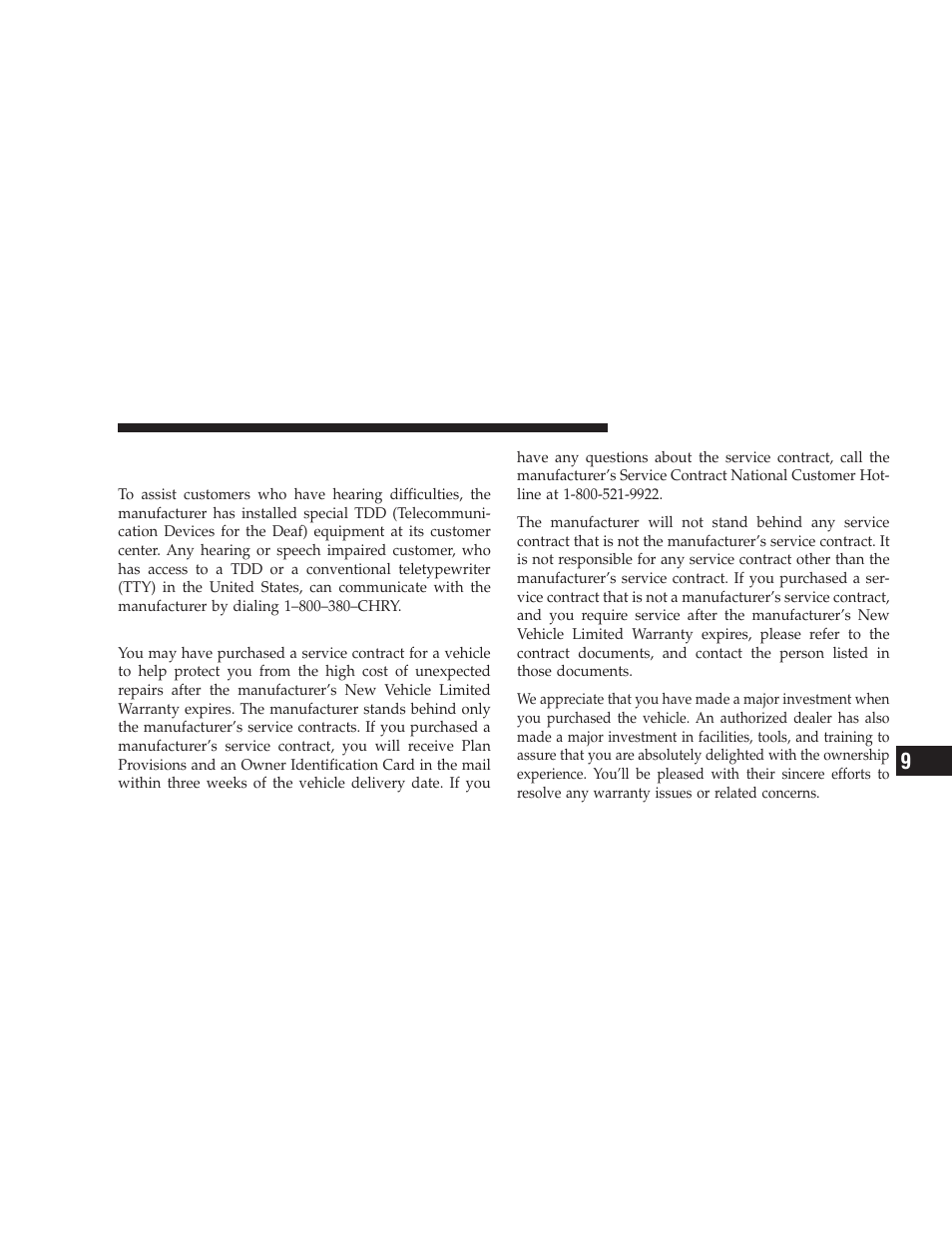 Service contract, Customer assistance for the hearing or, Speech impaired (tdd/tty) | Dodge 2009 Ram Chassis Cab User Manual | Page 405 / 429