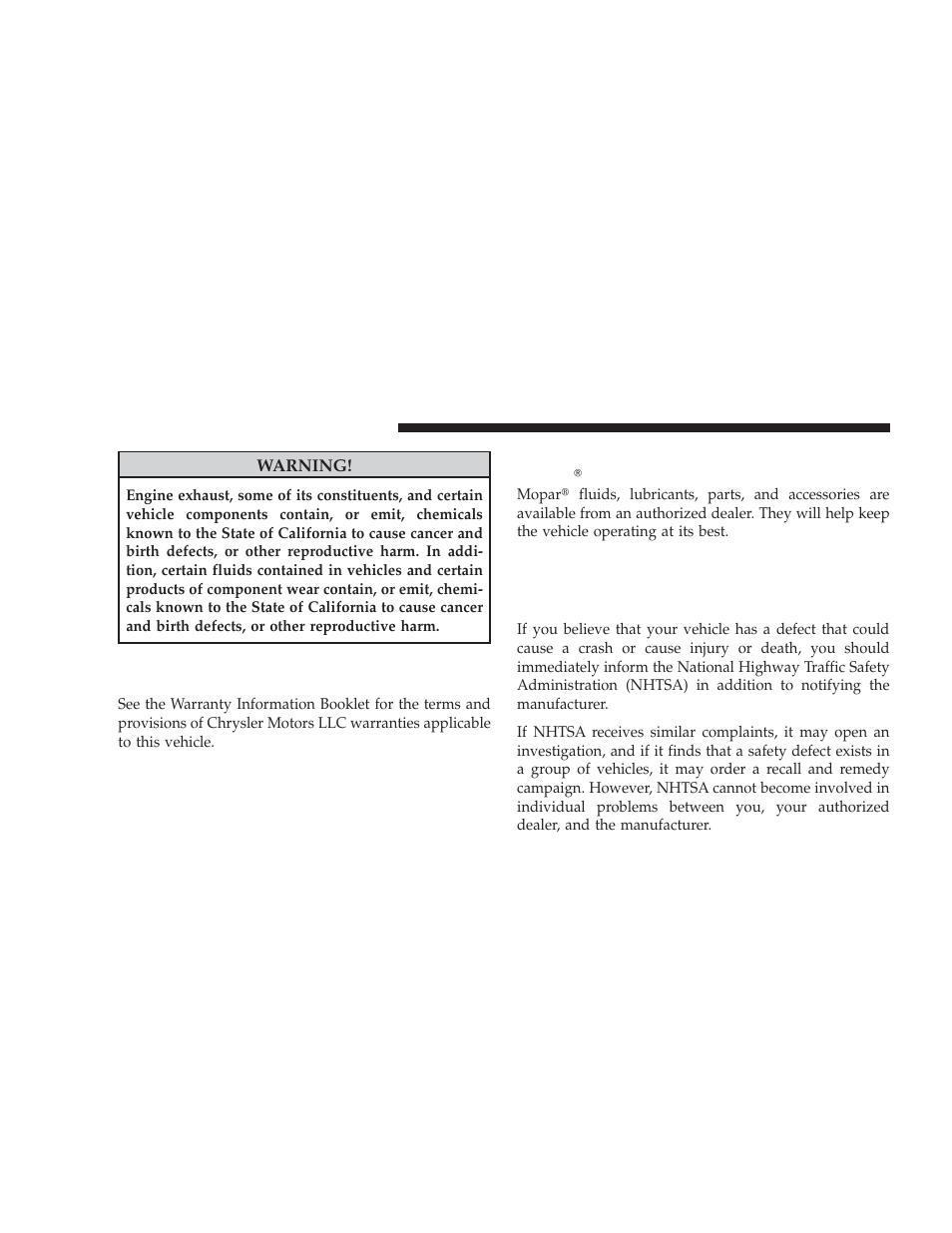 Warranty information (u.s. vehicles only), Mopar parts, Reporting safety defects | In the 50 united states and washington, d.c, Mopar௡ parts, In the 50 united states and washington | Dodge 2009 Ram Chassis Cab User Manual | Page 406 / 429