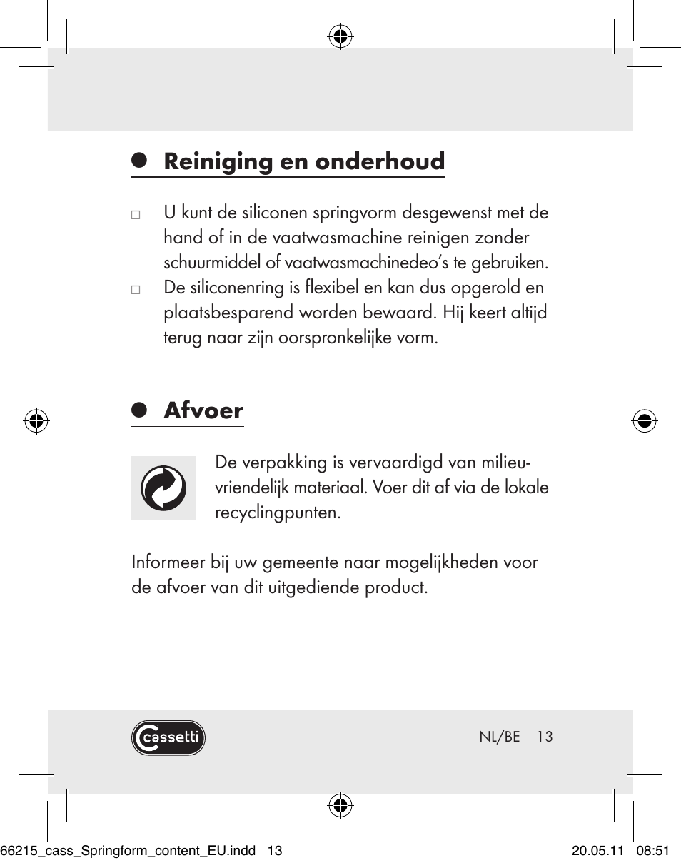 Reiniging en onderhoud, Afvoer | Cassetti Silicone Springform Cake Tin User Manual | Page 11 / 75