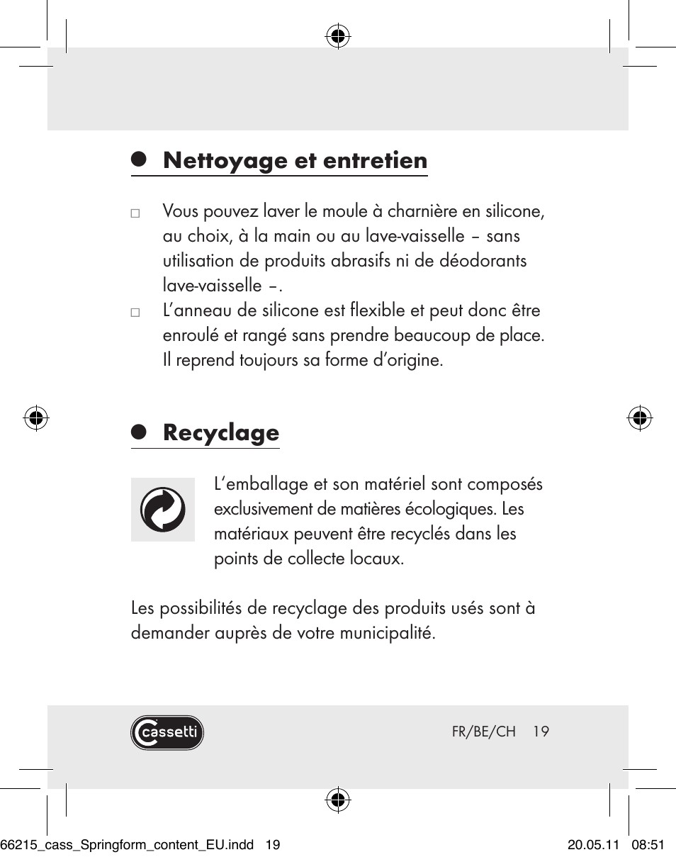 Nettoyage et entretien, Recyclage | Cassetti Silicone Springform Cake Tin User Manual | Page 17 / 75