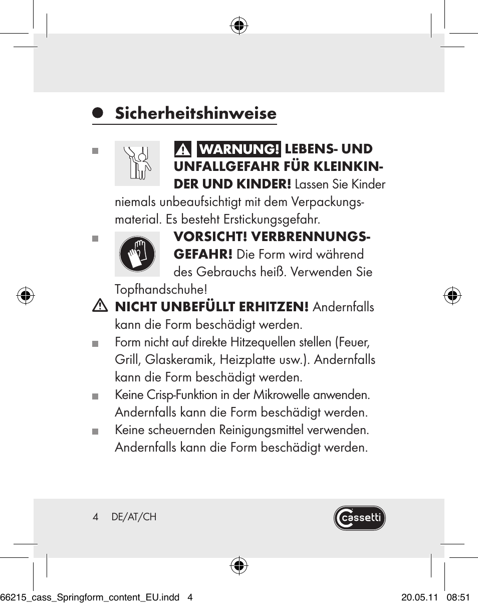 Sicherheitshinweise | Cassetti Silicone Springform Cake Tin User Manual | Page 2 / 75