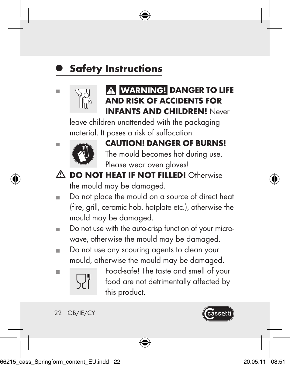 Safety instructions | Cassetti Silicone Springform Cake Tin User Manual | Page 20 / 75