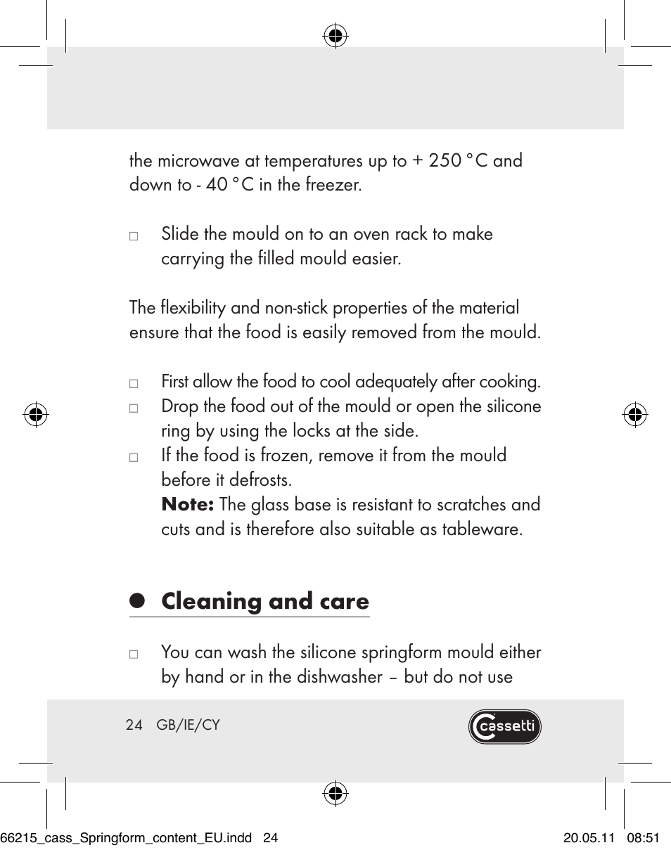 Cleaning and care | Cassetti Silicone Springform Cake Tin User Manual | Page 22 / 75