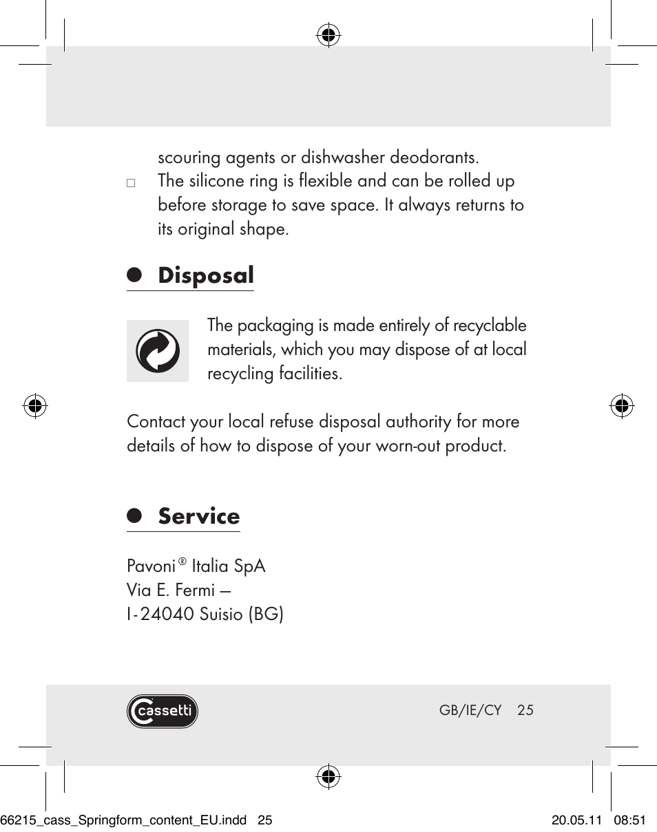Disposal, Service | Cassetti Silicone Springform Cake Tin User Manual | Page 23 / 75