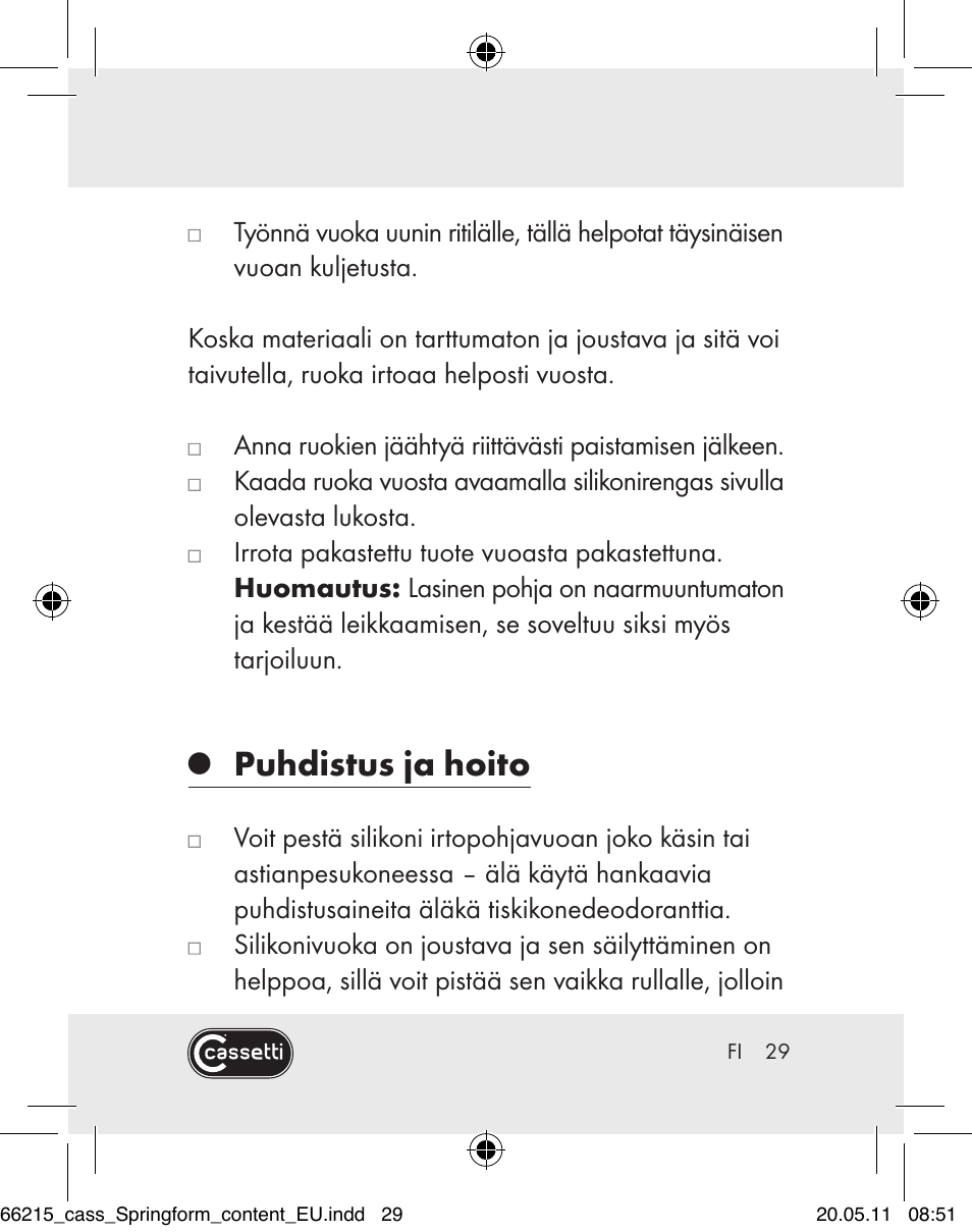 Puhdistus ja hoito | Cassetti Silicone Springform Cake Tin User Manual | Page 27 / 75