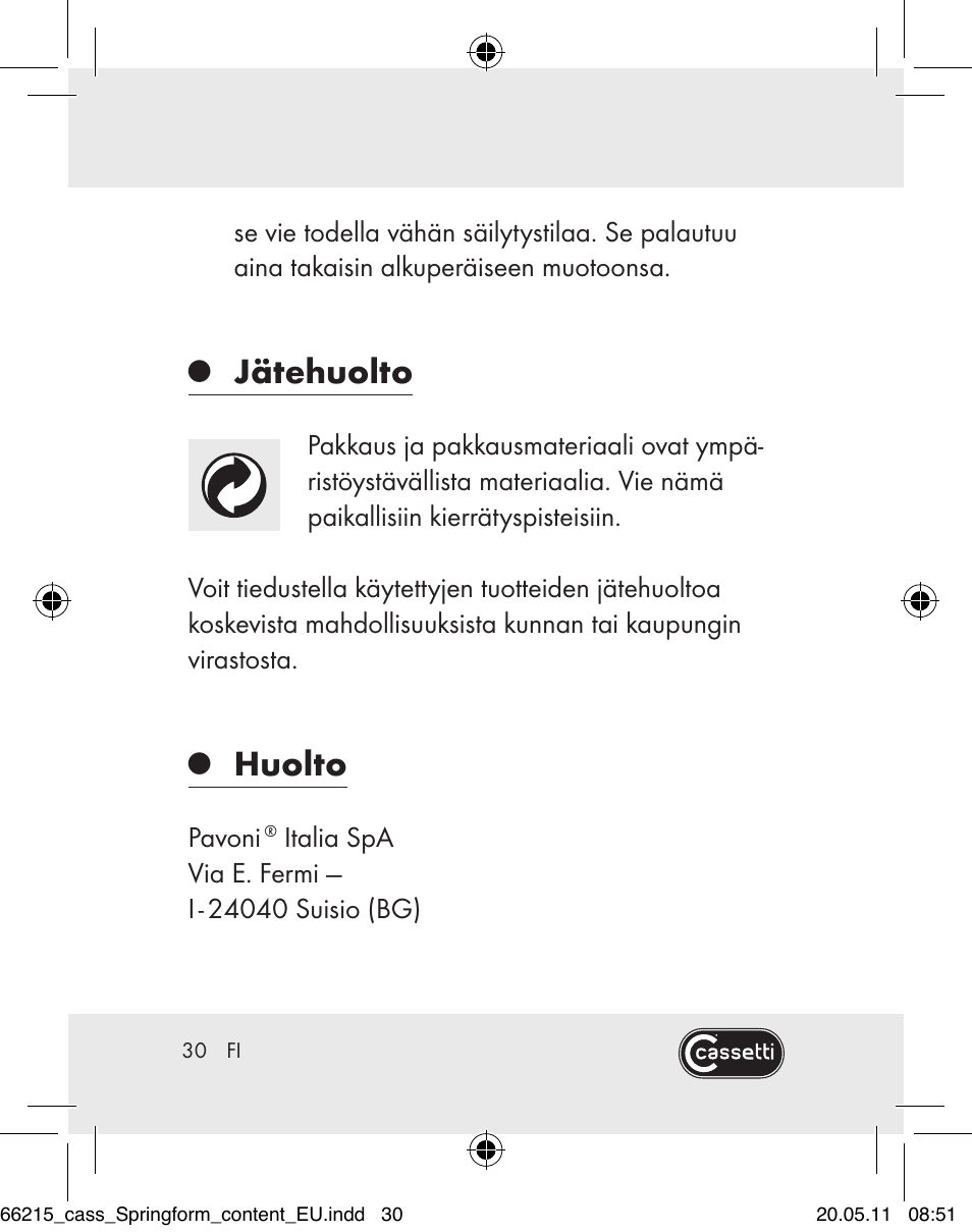 Jätehuolto, Huolto | Cassetti Silicone Springform Cake Tin User Manual | Page 28 / 75