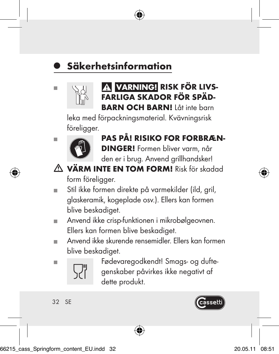 Säkerhetsinformation | Cassetti Silicone Springform Cake Tin User Manual | Page 30 / 75