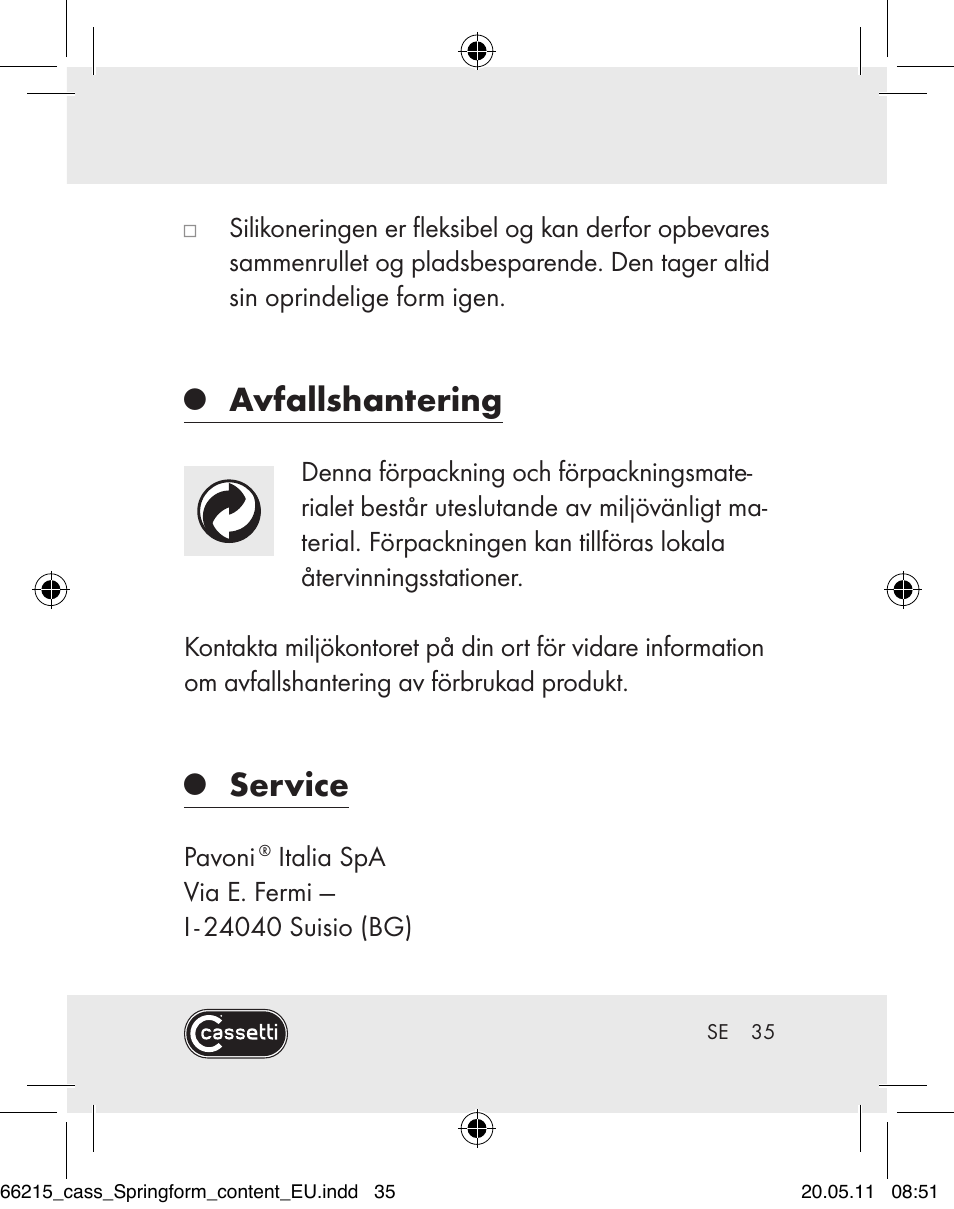 Avfallshantering, Service | Cassetti Silicone Springform Cake Tin User Manual | Page 33 / 75