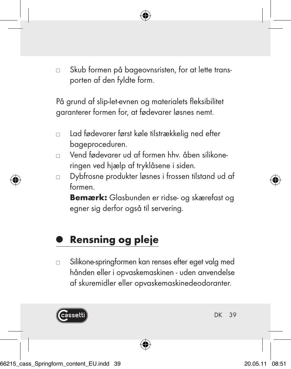 Rensning og pleje | Cassetti Silicone Springform Cake Tin User Manual | Page 37 / 75