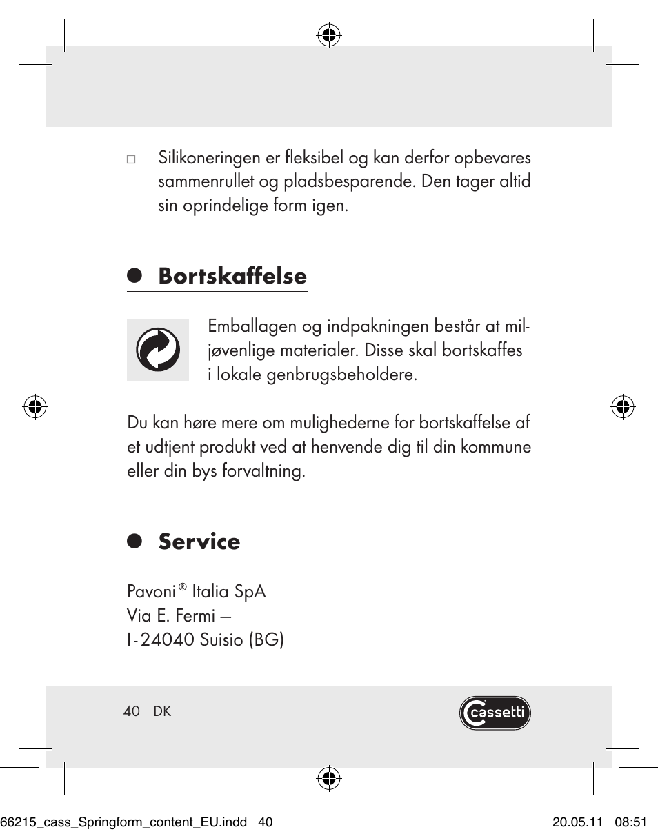Bortskaffelse, Service | Cassetti Silicone Springform Cake Tin User Manual | Page 38 / 75