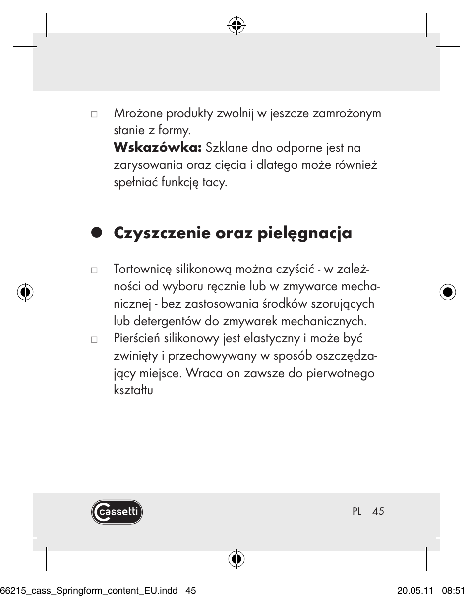 Czyszczenie oraz pielęgnacja | Cassetti Silicone Springform Cake Tin User Manual | Page 43 / 75