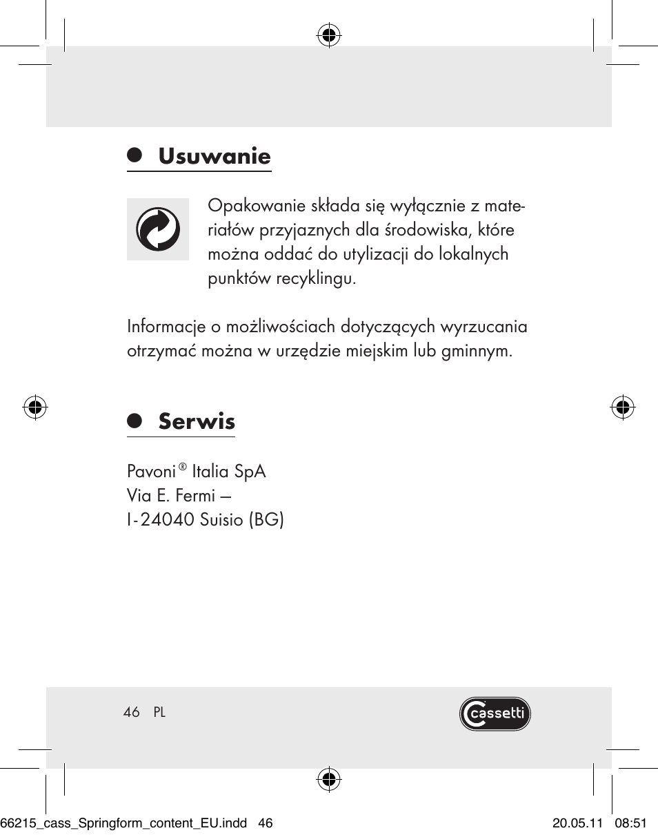 Usuwanie, Serwis | Cassetti Silicone Springform Cake Tin User Manual | Page 44 / 75