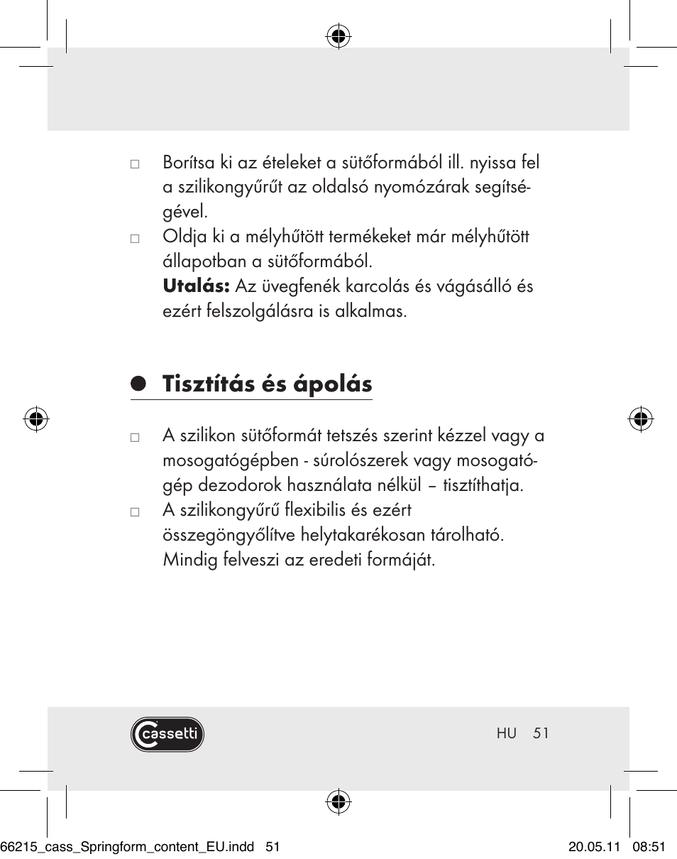 Tisztítás és ápolás | Cassetti Silicone Springform Cake Tin User Manual | Page 49 / 75