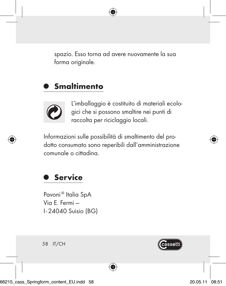Smaltimento, Service | Cassetti Silicone Springform Cake Tin User Manual | Page 56 / 75