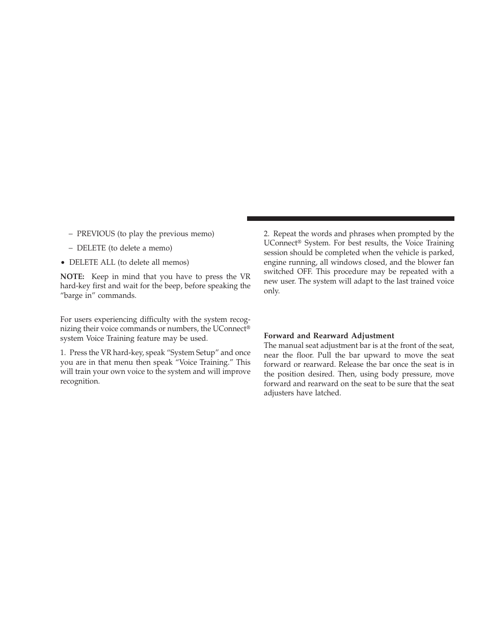 Voice training, Seats, Manual front seat adjustments | Dodge 2009 Journey User Manual | Page 126 / 523