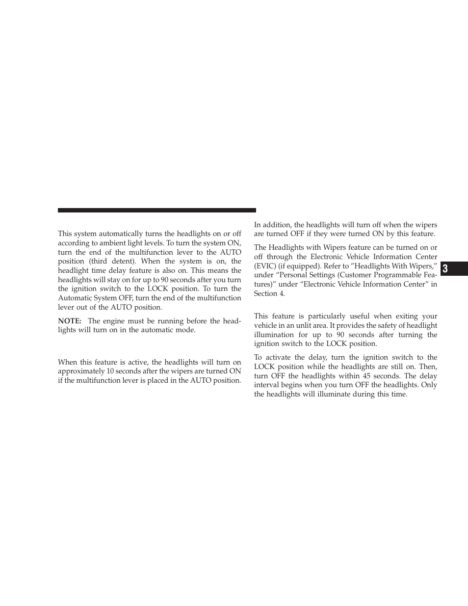 Automatic headlights - if equipped, Headlight time delay - if equipped | Dodge 2009 Journey User Manual | Page 149 / 523