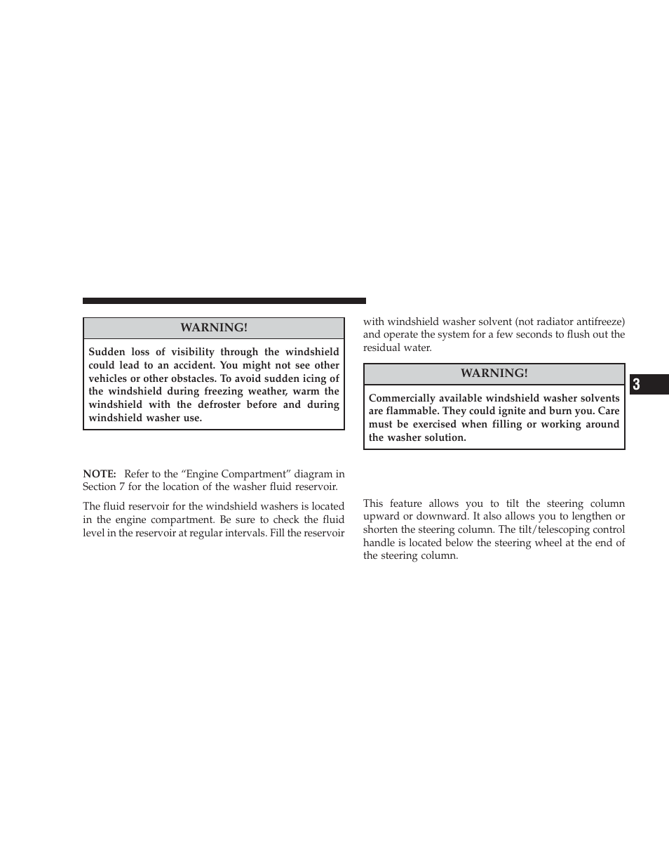 Adding washer fluid, Tilt/telescoping steering column - if equipped | Dodge 2009 Journey User Manual | Page 159 / 523