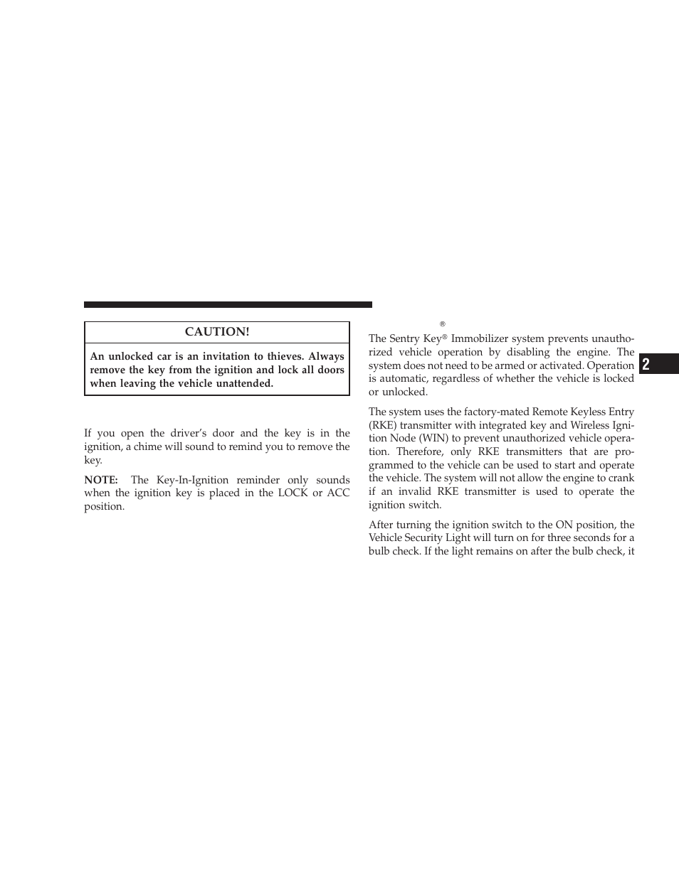 Key-in-ignition reminder, Sentry key immobilizer system, Sentry key௡ immobilizer system | Dodge 2009 Journey User Manual | Page 17 / 523