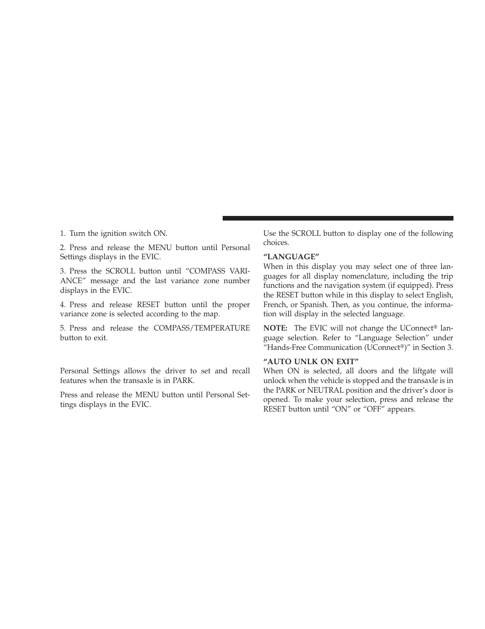 Personal settings (customer programmable features) | Dodge 2009 Journey User Manual | Page 232 / 523