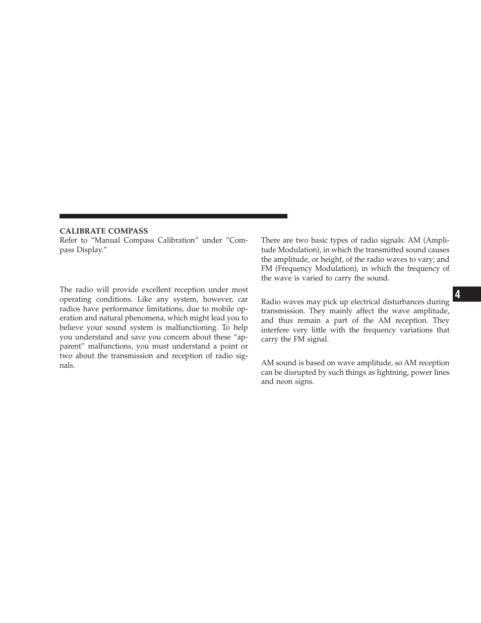 Radio general information, Radio broadcast signals, Two types of signals | Electrical disturbance, Am reception | Dodge 2009 Journey User Manual | Page 235 / 523