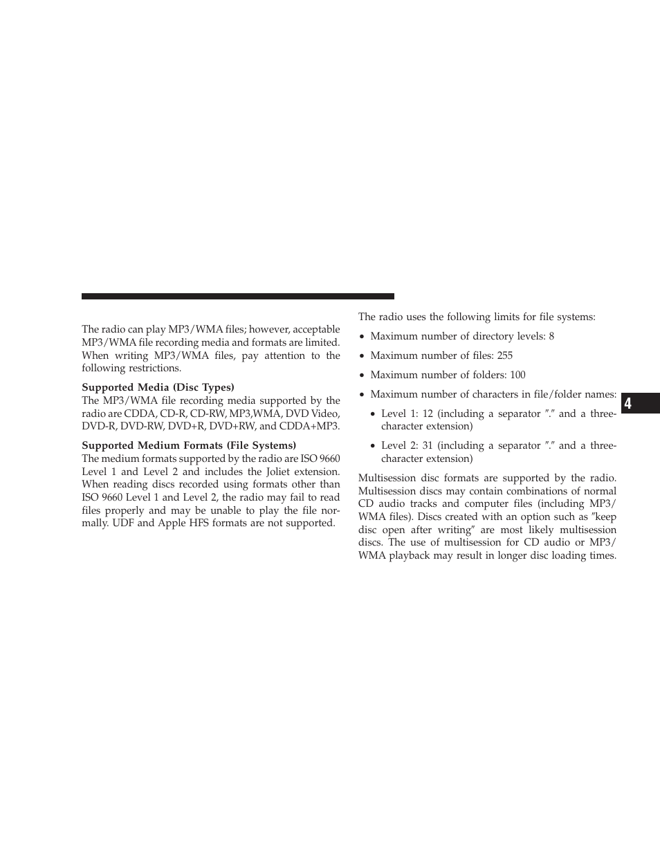 Notes on playing mp3/wma files | Dodge 2009 Journey User Manual | Page 251 / 523