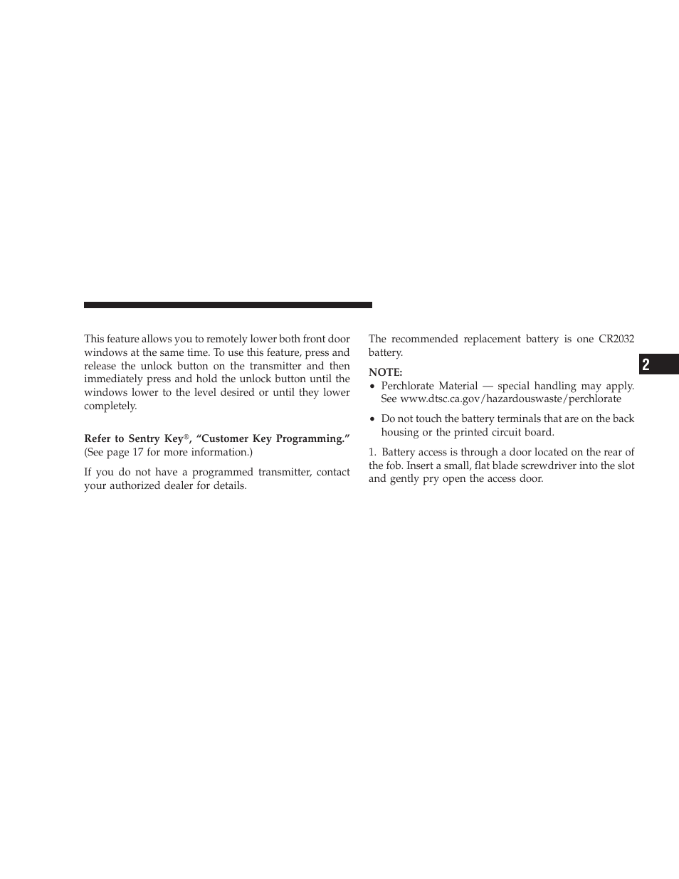 Express down window feature, Programming additional transmitters, Transmitter battery service | Dodge 2009 Journey User Manual | Page 27 / 523