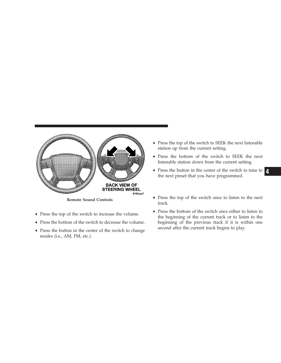 Right-hand switch functions, Left-hand switch functions for radio operation | Dodge 2009 Journey User Manual | Page 285 / 523