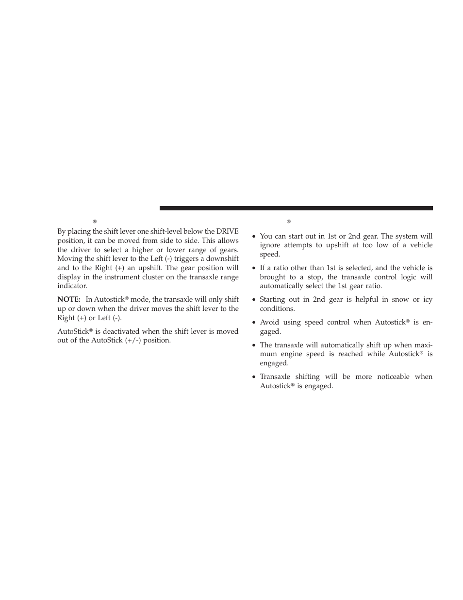 Autostick operation, Autostick general information | Dodge 2009 Journey User Manual | Page 320 / 523