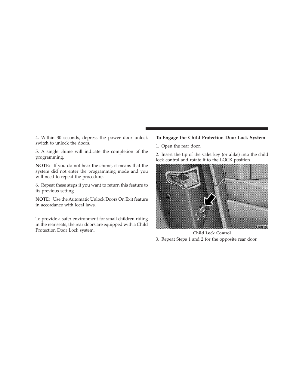 Child protection door lock system (rear doors), Child protection door lock system, Rear doors) | Dodge 2009 Journey User Manual | Page 34 / 523