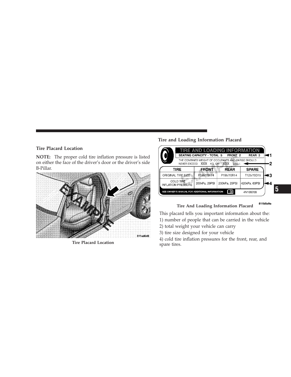 Tire loading and tire pressure | Dodge 2009 Journey User Manual | Page 343 / 523