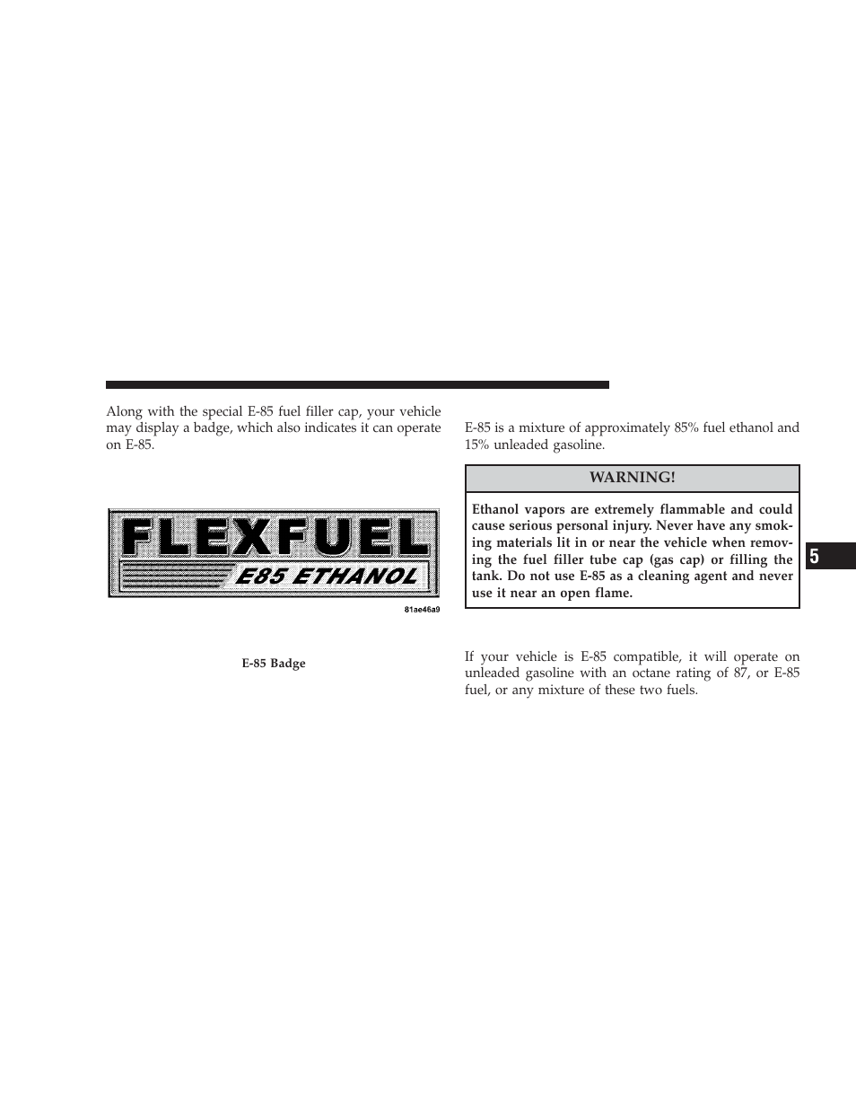 Ethanol fuel (e-85), Fuel requirements | Dodge 2009 Journey User Manual | Page 367 / 523