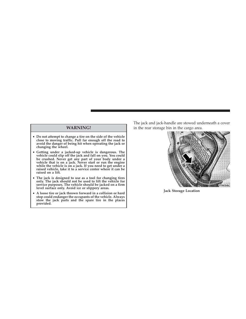 Jacking and tire changing, Jack location, Warning | Dodge 2009 Journey User Manual | Page 398 / 523