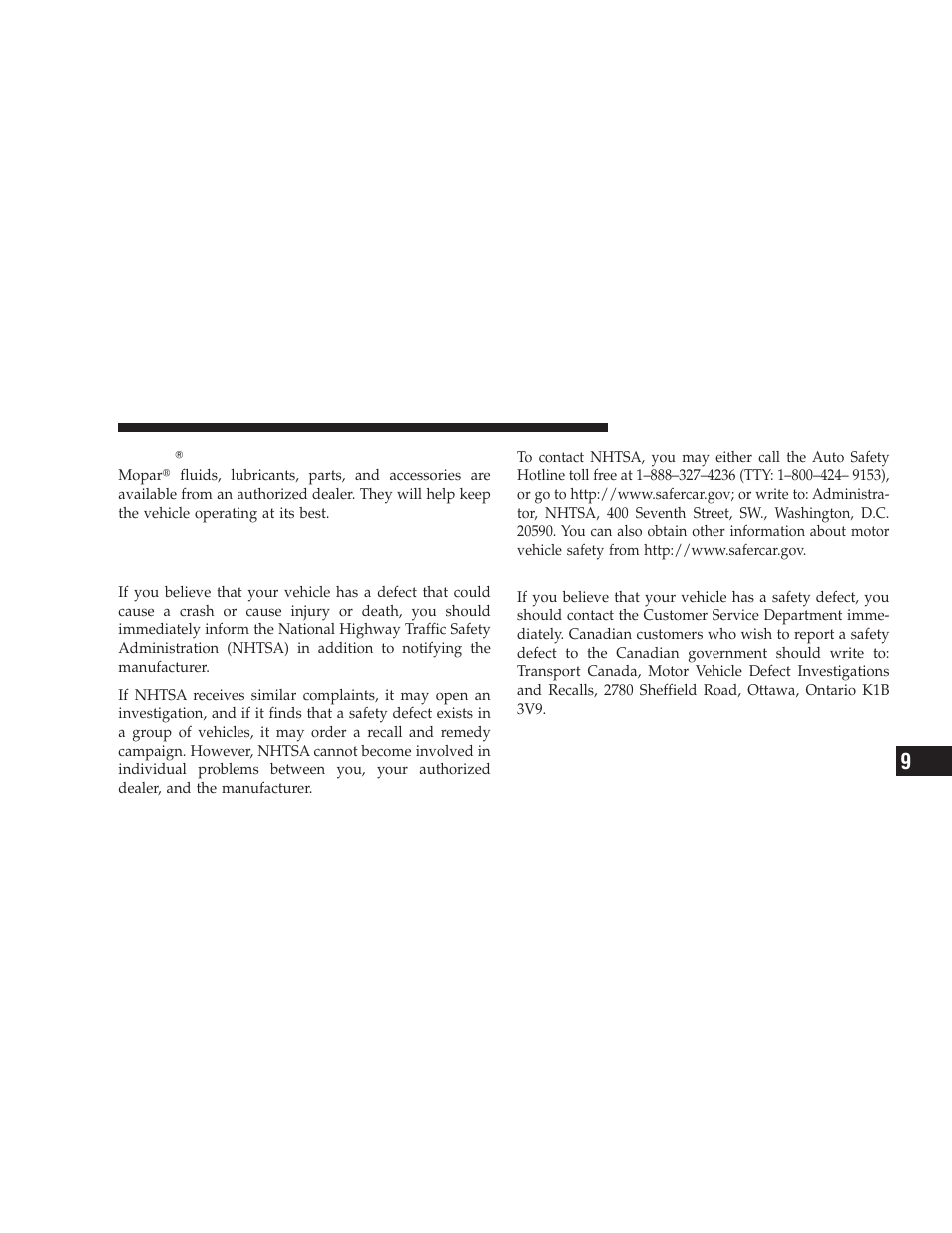 Mopar parts, Reporting safety defects, In the 50 united states and washington, d.c | In canada, Publication order forms | Dodge 2009 Journey User Manual | Page 493 / 523