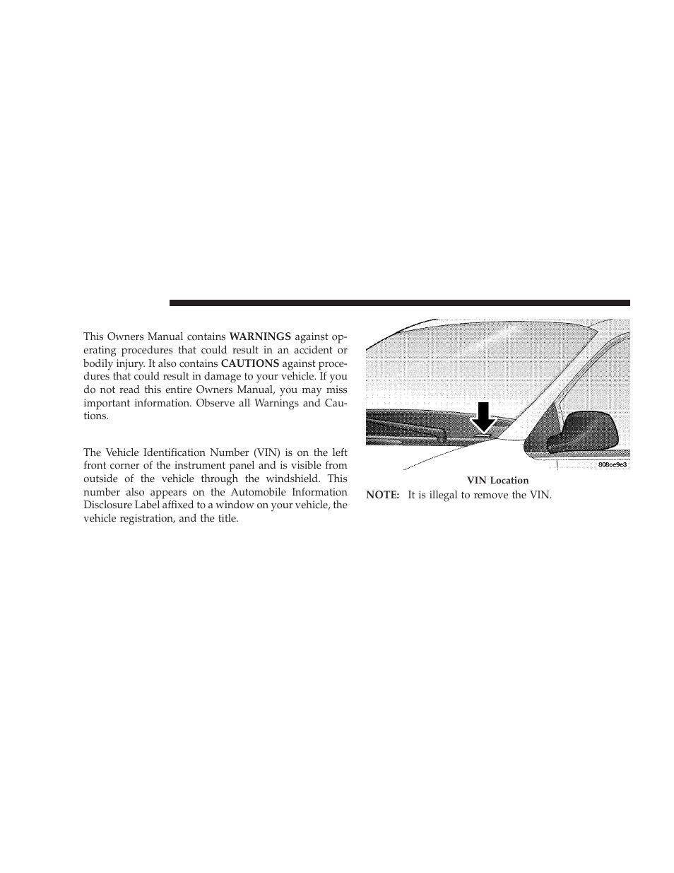 Warnings and cautions, Vehicle identification number | Dodge 2009 Journey User Manual | Page 8 / 523