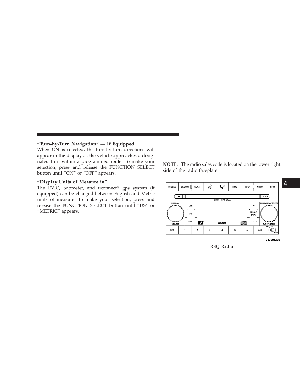 Sales code req — am/fm stereo radio and, 6–disc cd/dvd changer (mp3/wma aux jack) | Dodge 2009 Charger User Manual | Page 199 / 484