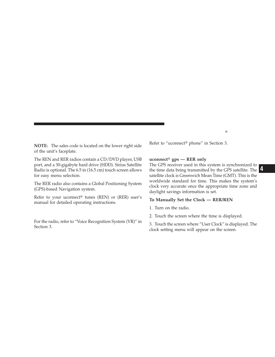 Clock setting procedure, Am/fm/cd/dvd radio (rer/ren) – if, Equipped | Operating instructions — voice recognition, System (vr) — if equipped, Operating instructions — uconnect௡ phone, If equipped | Dodge 2009 Charger User Manual | Page 215 / 484