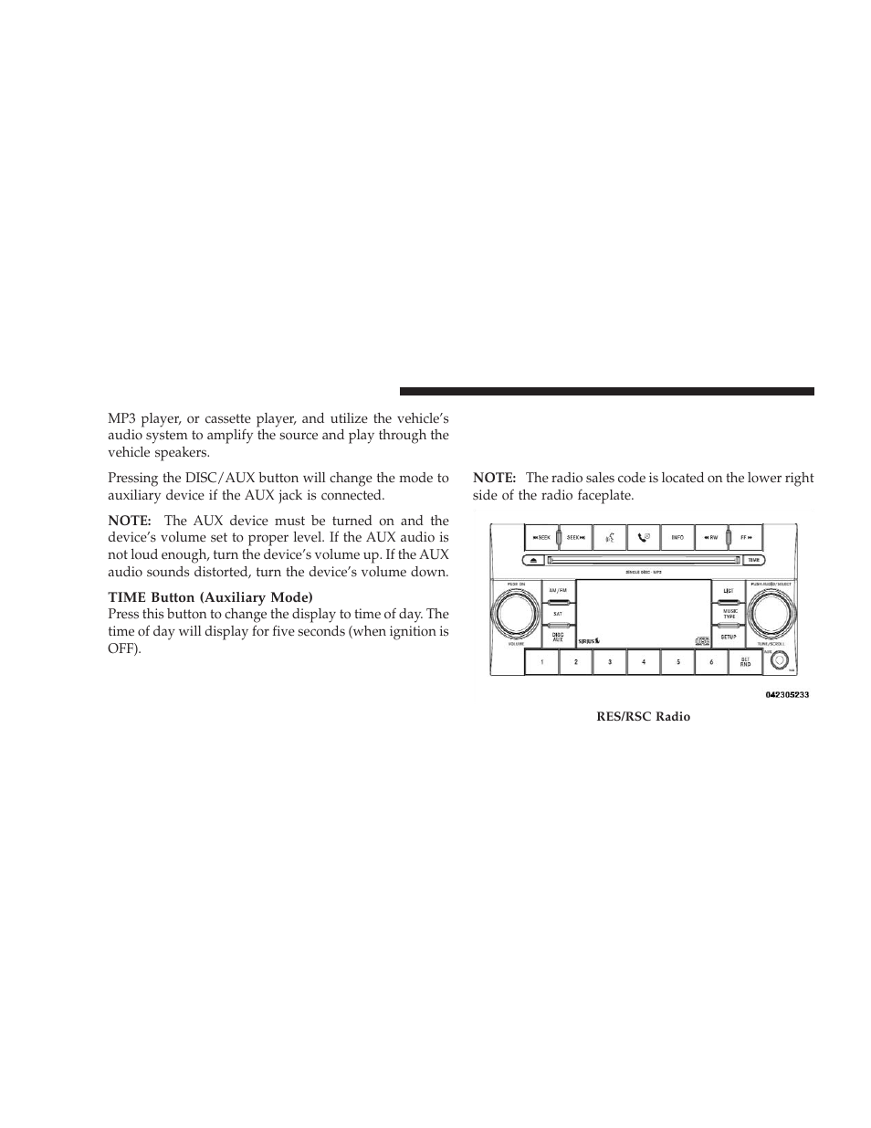 Sales code res/rsc — am/fm stereo radio, With cd player (mp3 aux jack) and sirius radio | Dodge 2009 Charger User Manual | Page 226 / 484