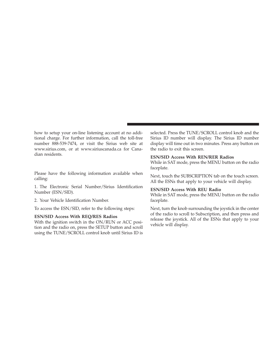 Electronic serial number/sirius, Identification number (esn/sid) | Dodge 2009 Charger User Manual | Page 244 / 484