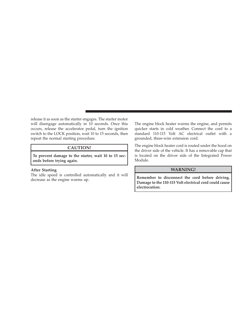 Engine block heater - if equipped, Automatic transmission, Engine block heater — if equipped | Dodge 2009 Charger User Manual | Page 274 / 484