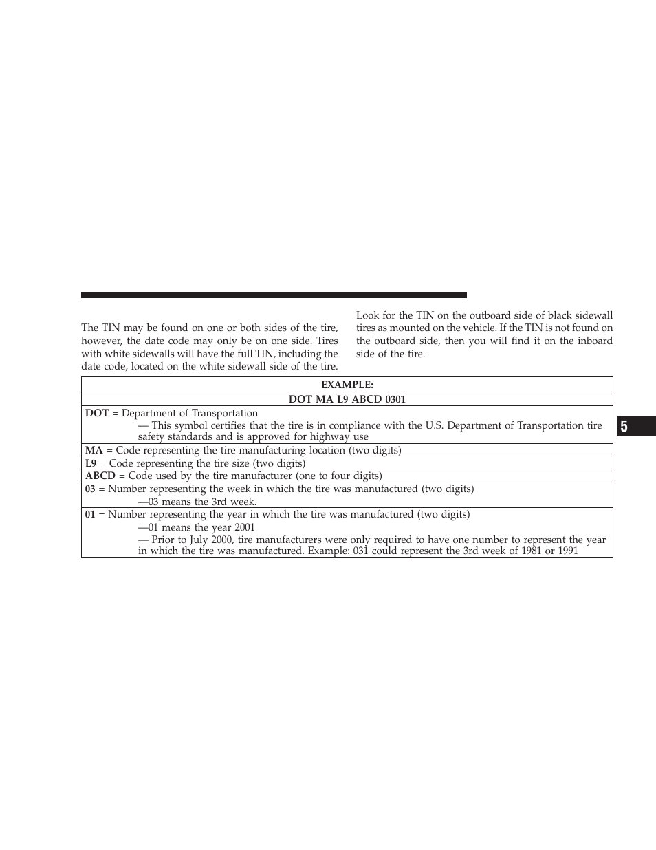 Tire identification number (tin) | Dodge 2009 Charger User Manual | Page 307 / 484